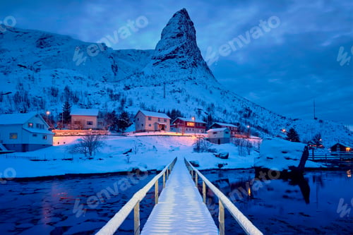 Preview: Reine village at night. Lofoten islands, Norway