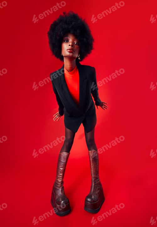 Preview: Black woman, afro and hair with fashion and style, edgy with designer clothes and gen z isolated on