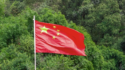 Preview: A Chinese flag waves against a lush green background of trees