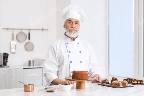 Preview: Elderly pastry chef at table with desserts in kitchen