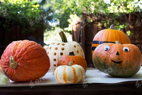 Preview: Smiley face and carved pumpkins on garden table