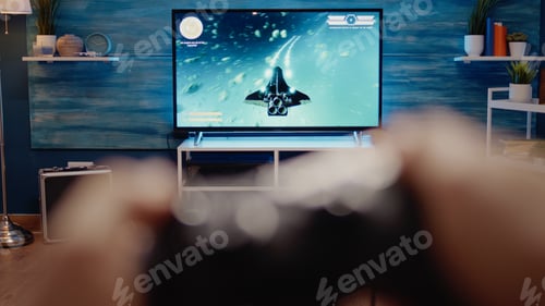 Preview: Close up of television display with action video games