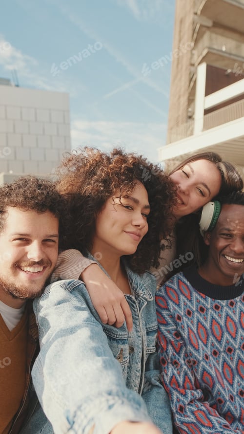 Preview: Happy smiling friends make a video call from a mobile phone