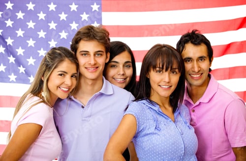 Preview: Group Of Students Learning English As A Foreign Language With The American Flag On The Background