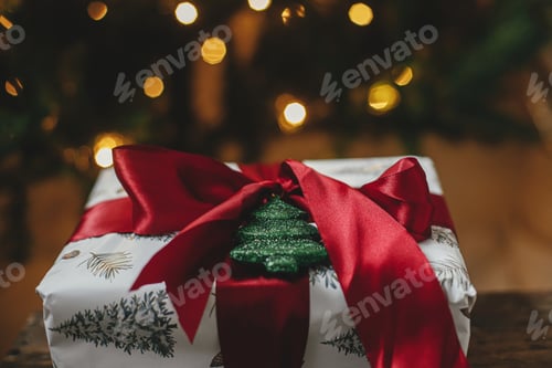 Preview: Merry Christmas and Happy Holidays! Stylish christmas gift at christmas tree with golden lights