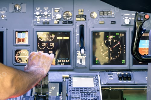 Preview: Human hand accelerating on the throttle in commercial airliner flight simulator