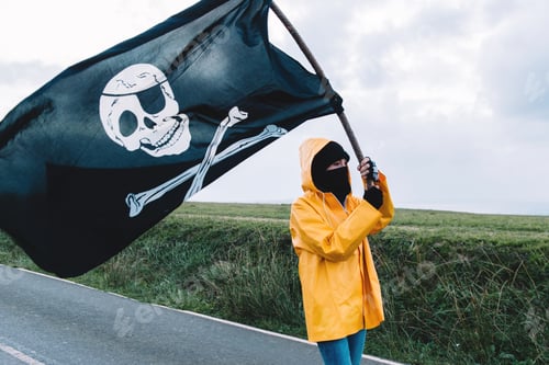 Preview: Girl with a yellow raincoat and a pirate flag.