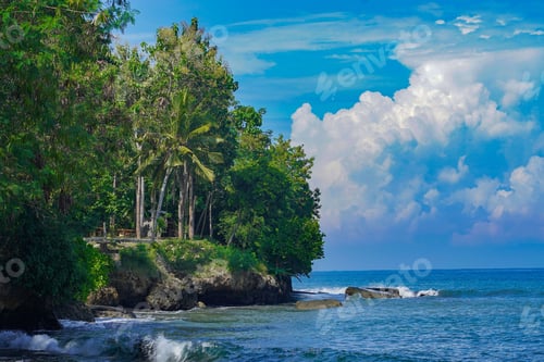 Preview: Closeup of a beautiful shoreline with rocky forested coast and water waves hitting them