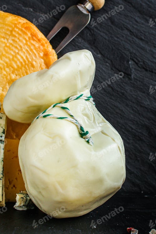 Preview: Scamorza Cheese, Pasta Filata (Cheese Product,) Menu Concept Background. Top View. Copy Space For