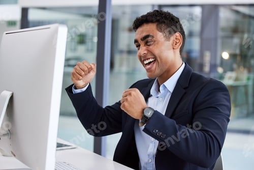 Preview: Businessman, computer or success fist in finance office for stock market trading, investment growth
