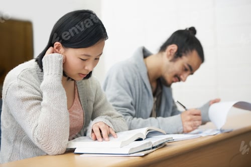 Preview: Image of two students sitting in a lecture hall and studying for exams