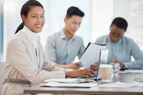 Preview: Laptop, meeting and finance with a business woman and team in the boardroom for planning or strateg