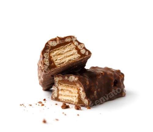 Preview: Two halves of a crispy chocolate bar on a white background.