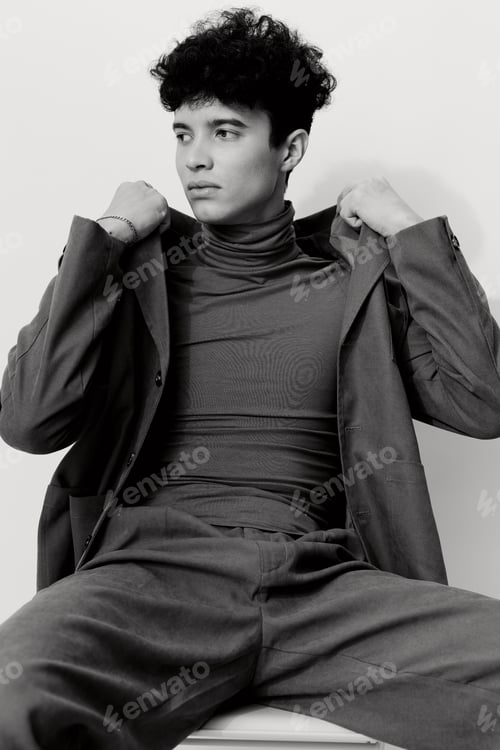 Preview: Trendy man white and fashion studio black pose grey style handsome clothing model suit