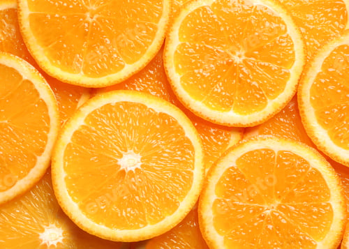 Preview: Juicy orange slices as background, top view. Citrus fruit