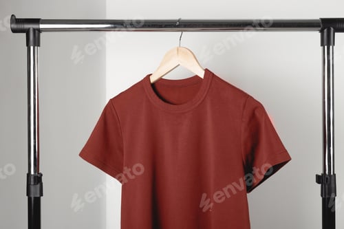 Preview: Blank red burgundy t-shirt mockup on clothes hanger. Bella canvas mock up in minimal interior.