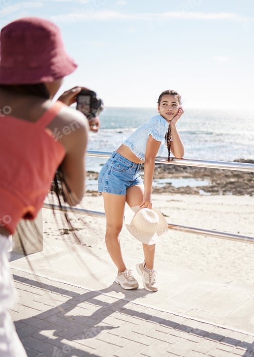 Preview: Beach, model and photo shoot with a woman outdoor on the promenade for a photograph with the sea, o