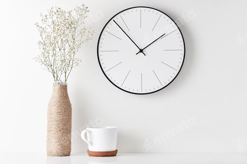 Preview: Home office minimal workspace desk with wall clock