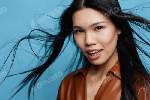 Preview: Woman girl background smile attractive asian studio lifestyle trendy happy portrait blue