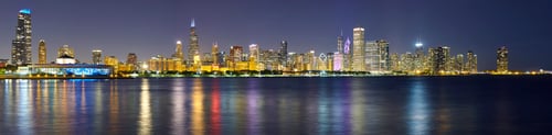 Preview: Night panoramic picture of Chicago city skyline with reflection