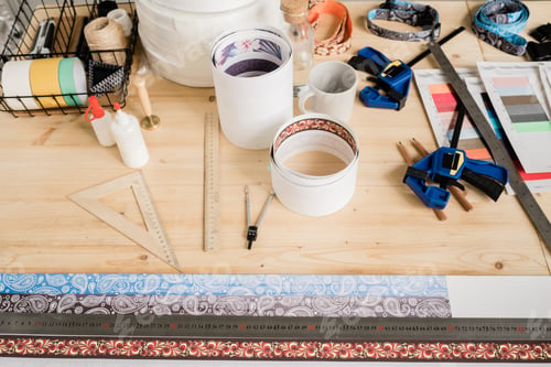 Preview: Handtools, supplies for making collars, rolled papers and samples of textile