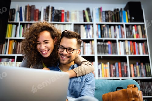 Preview: Couple in love spendig fun time together. Reading, work, study, happiness concept