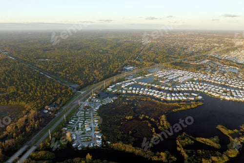 Preview: Aftermath of natural disaster. Flooded houses by hurricane rainfall in Florida residential area