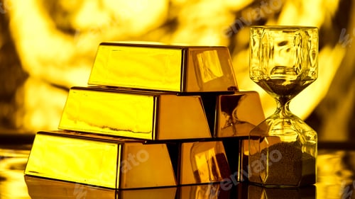 Preview: Pile of shiny gold bullions and sandglass on the table.