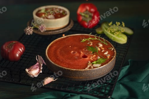 Preview: A bowl of Spanish traditional cold tomato and cucumber gazpacho soup