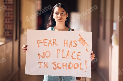 Preview: Woman, protest and poster for gun safety, stop fear in school and students freedom, government law