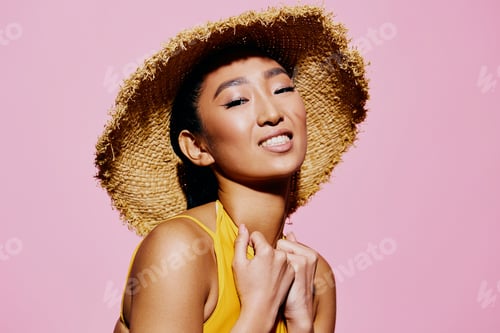 Preview: Woman female closeup stylish smile summer fashion swimsuit yellow trendy beauty portrait pink