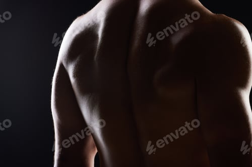 Preview: Strong back, dark studio and person with ripped body, fitness transformation goals and muscle build
