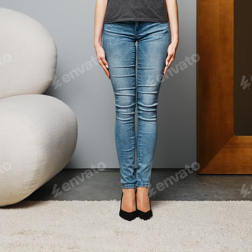 Preview: Cropped image of female legs in denim jeans standing straight