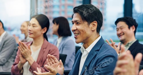Preview: People, applause and conference in office for business, achievement and employee training in Japane