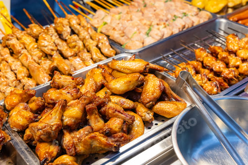 Preview: Different meat skewer in street market