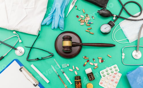 Preview: Health and Law flat lay. Judge gavel, medical stethoscope and medicine