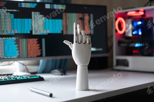 Preview: a white robotic hand on the table as symbol of futuristic technology made at home