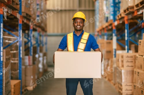 Preview: Portrait African black male warehouse worker carrying box in storehouse standing happy smiling