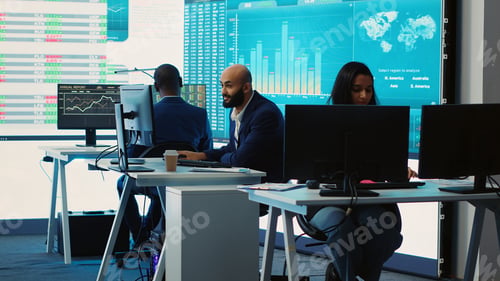 Preview: Forecast affiliates working in coworking space office to review latest business