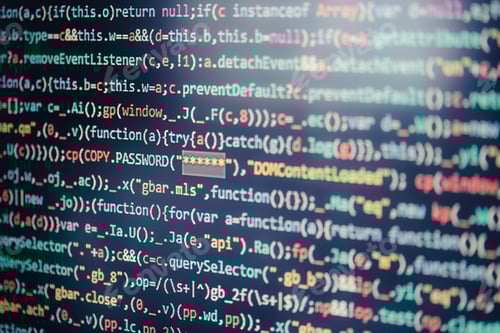 Preview: Computer screen displaying program code, password and private data. Breaking protection. Stealing id