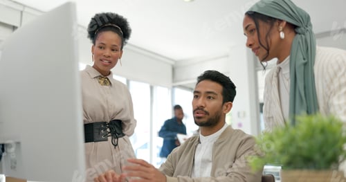Preview: Teamwork, computer and coaching with business people in office for strategy, project management and