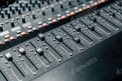 Preview: A recording studio control panel mixer with an equalizer faders buttons for broadcasting of a song