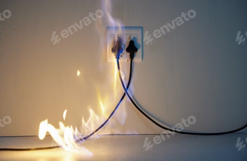 Preview: Mistakes happy. Cropped shot of two plugs in a wall socket catching fire.