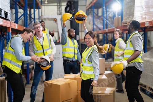 Preview: Diversity group of labor union in warehouse celebrate success after won protest salary increment