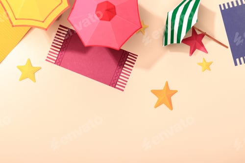 Preview: top view of paper beach with starfishes, towels, umbrellas on sand