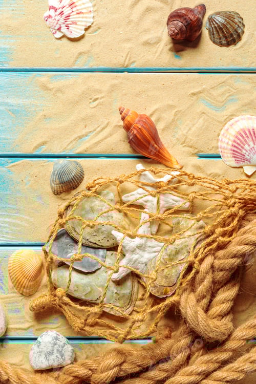 Vista previa: cuerda marina con muchas conchas marinas diferentes en la arena del mar sobre un fondo de madera azul. Vista superior