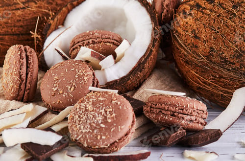 Preview: Coconut macarons with chocolate and coconut flakes on a table with a coconut in the background