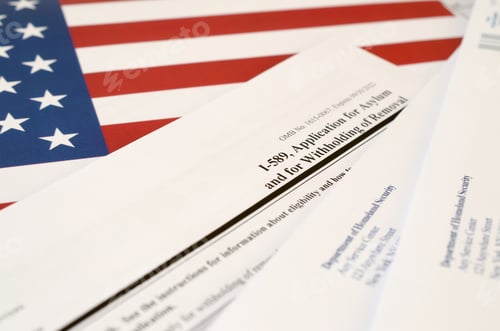 Preview: I-589 Application for asylum and for withholding of removal blank form lies on United States flag