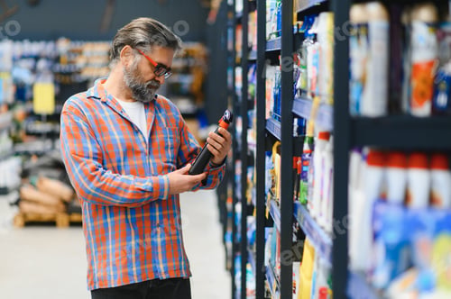 Preview: Portrait of focused man buying household chemicals in supermarket, reading labels on bottles