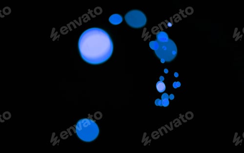 Preview: Bokeh, blue particles and lights on dark background with pattern, texture and mockup with cosmic ae